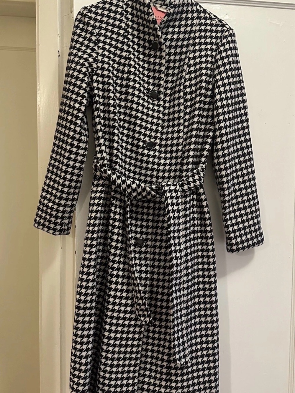 Kate Spade Black & White Houndstooth Belted Long Coat Small